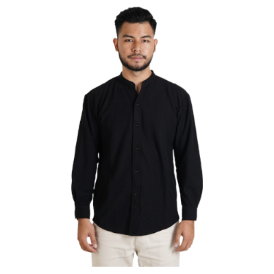 Merk Baju Hitam Polos Pria MENLIVING Kemeja Koko Collarless Baju Hitam Polos Pria Terbaik MENLIVING Kemeja Koko Collarless