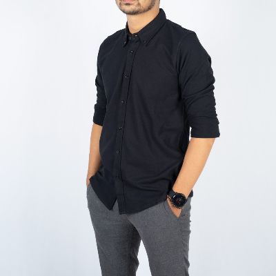 Kemeja Hitam Polos Pria Terbaik - Hey Man Kemeja Casual Pique LS - Black