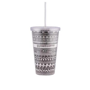 7155 Point Coffee Double Wall Tumbler With Straw Art Hitam Putih